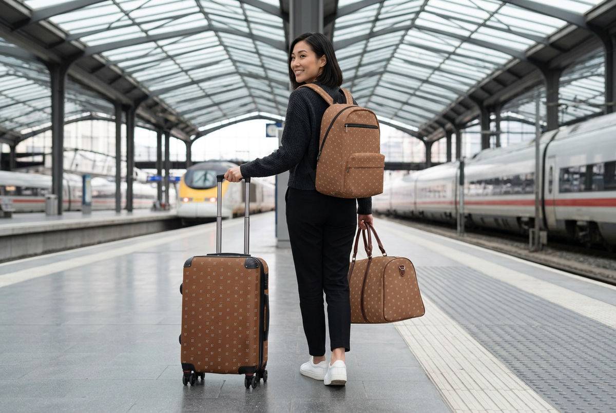 East Asian woman at a railway platform pushing the suitcase, carrying the duffel, and wearing the backpack