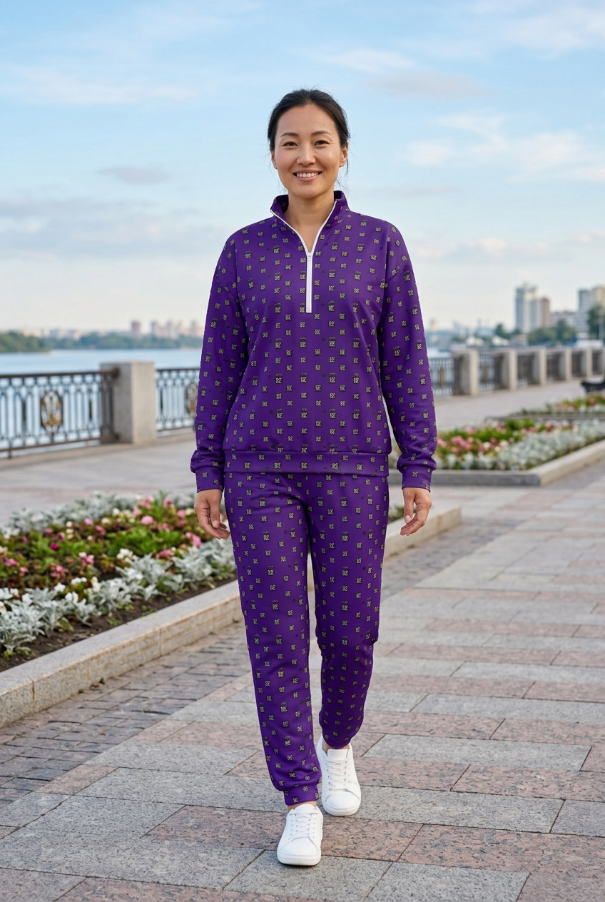 East Asian woman in white sneakers walking along a waterfront promenade