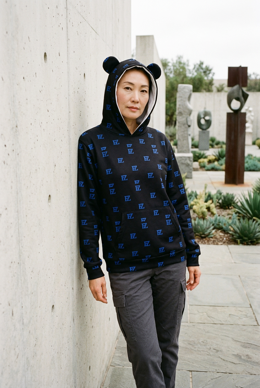 East Asian woman wearing the hoodie