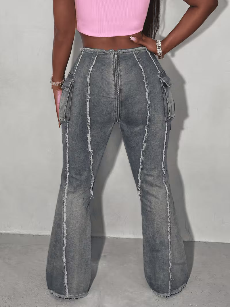 FZ Women's Plus Size Frayed Edges Split Line Fringe Trim Back Zipper Denim Pants