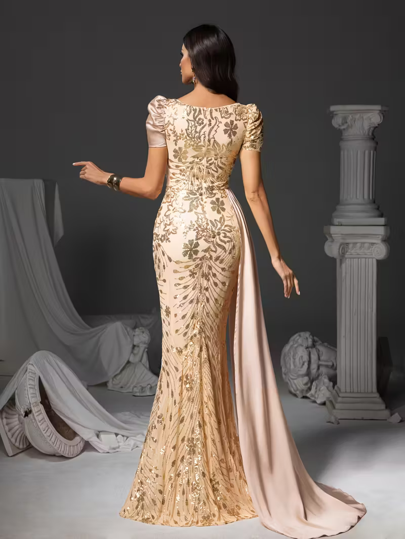FZ Women's Floral Print Mermaid Sequin Detailing, V-Neck & Puff Sleeves Evening Dress