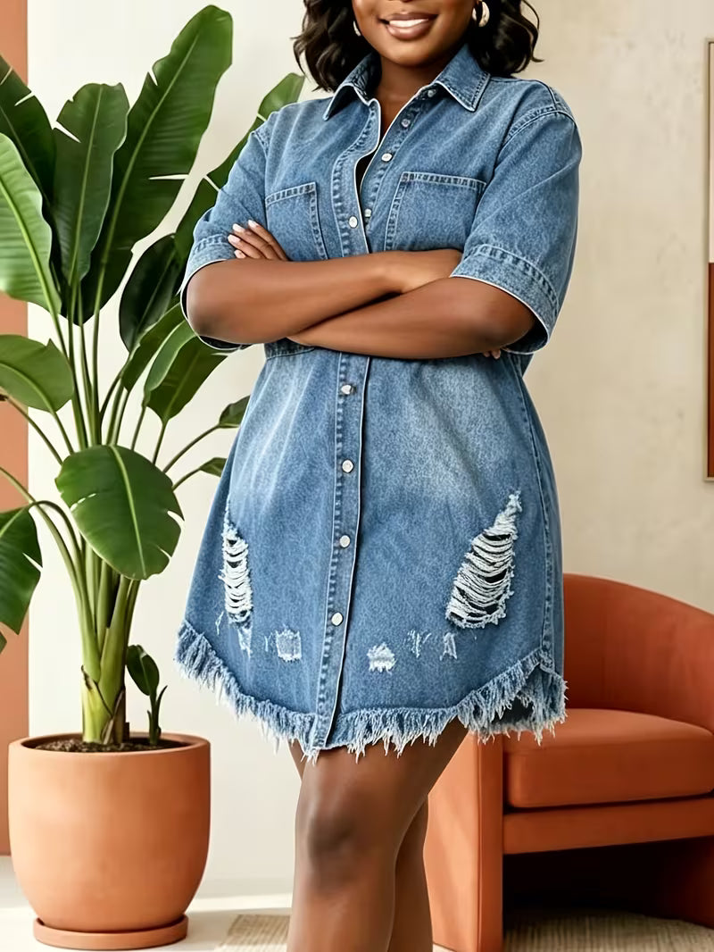 FZ Women's Plus Size Short Sleeve Distressed Ripped Frayed Hem Shirt Denim Dress