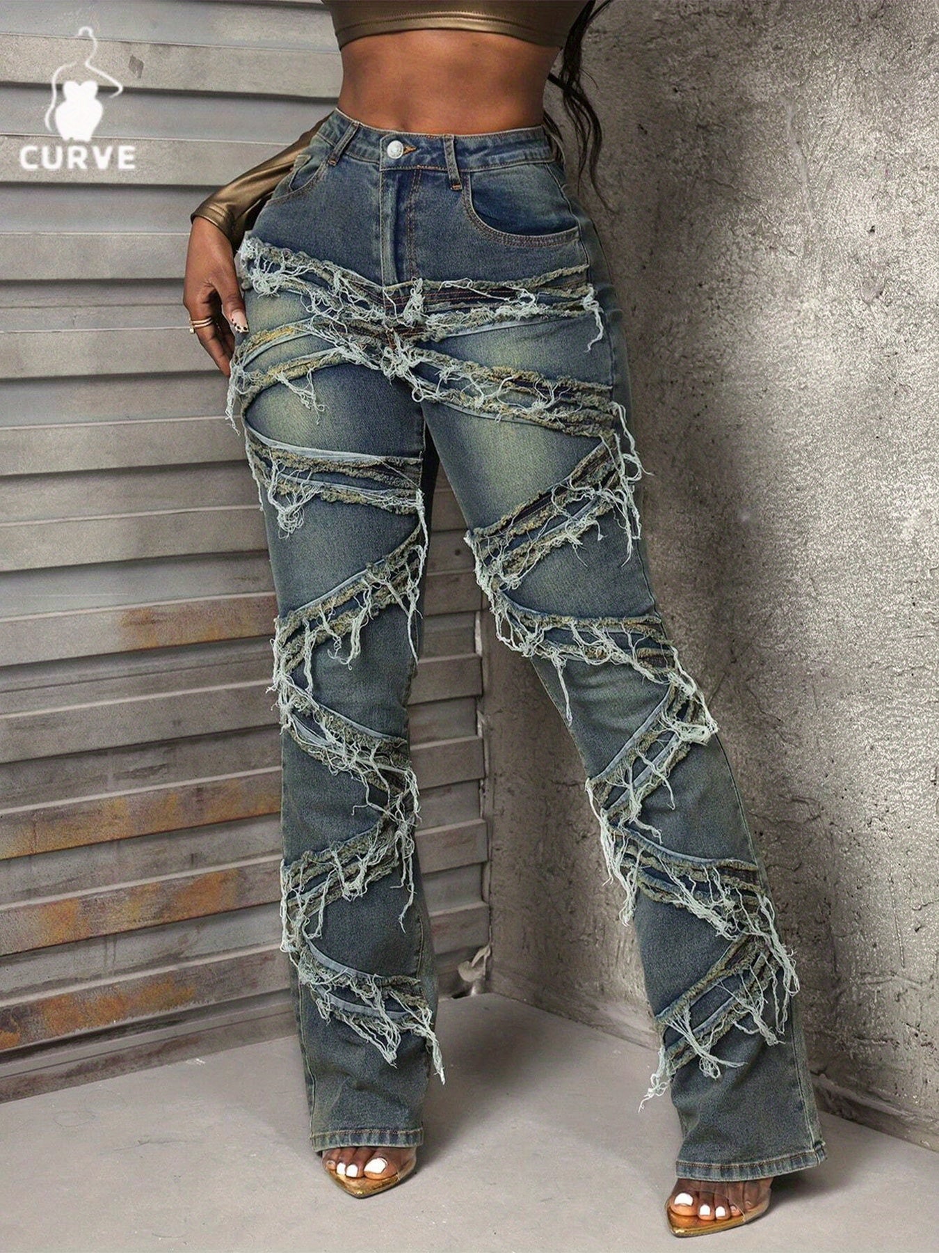 FZ Women's Plus Size High - Waisted Distressed Flared Denim Pants