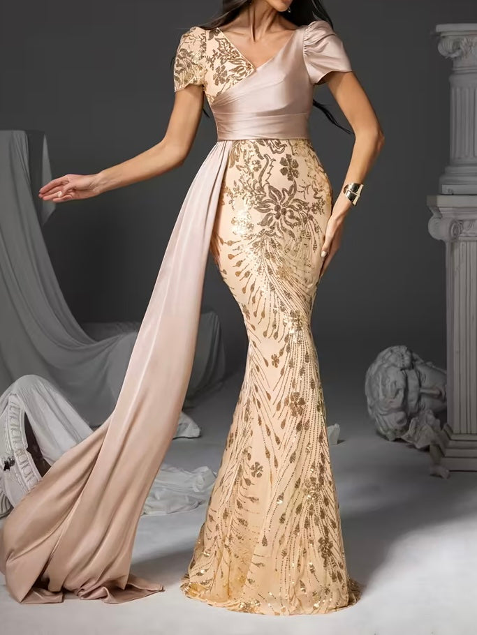 FZ Women's Floral Print Mermaid Sequin Detailing, V-Neck & Puff Sleeves Evening Dress