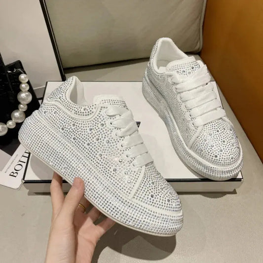 fashion Women Platform Casual Sneakers Rhinestones Thick-soled White Silver Shoes for Women Shining Crystal Sneakers Trend Shoes FZwear