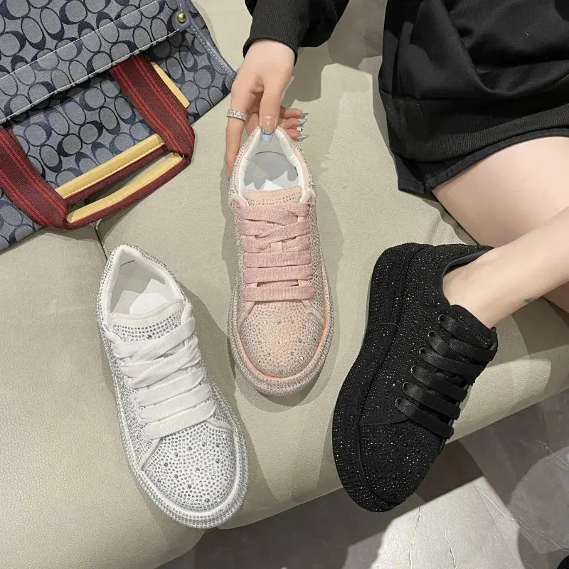 fashion Women Platform Casual Sneakers Rhinestones Thick-soled White Silver Shoes for Women Shining Crystal Sneakers Trend Shoes FZwear