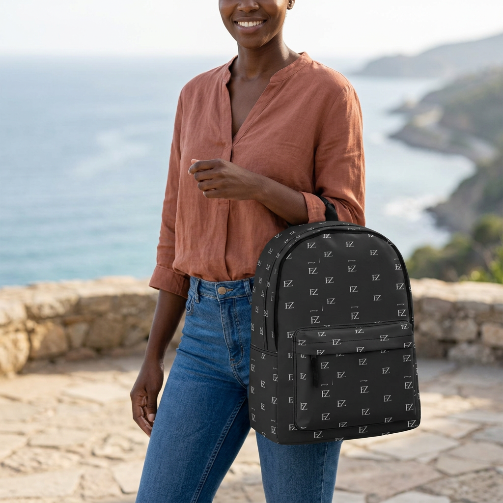 Female model carrying the black backpack at a coastal overlook