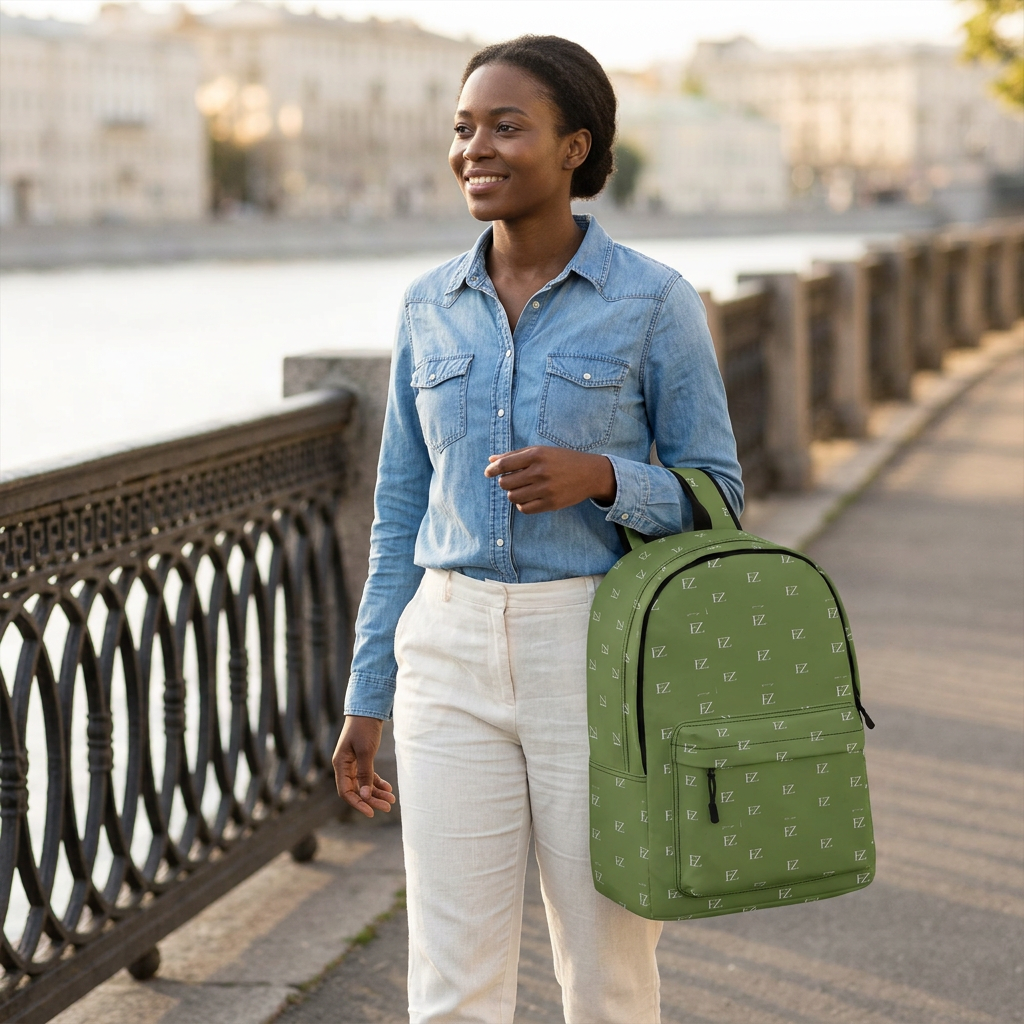 Female model carrying the olive-green backpack beside a river