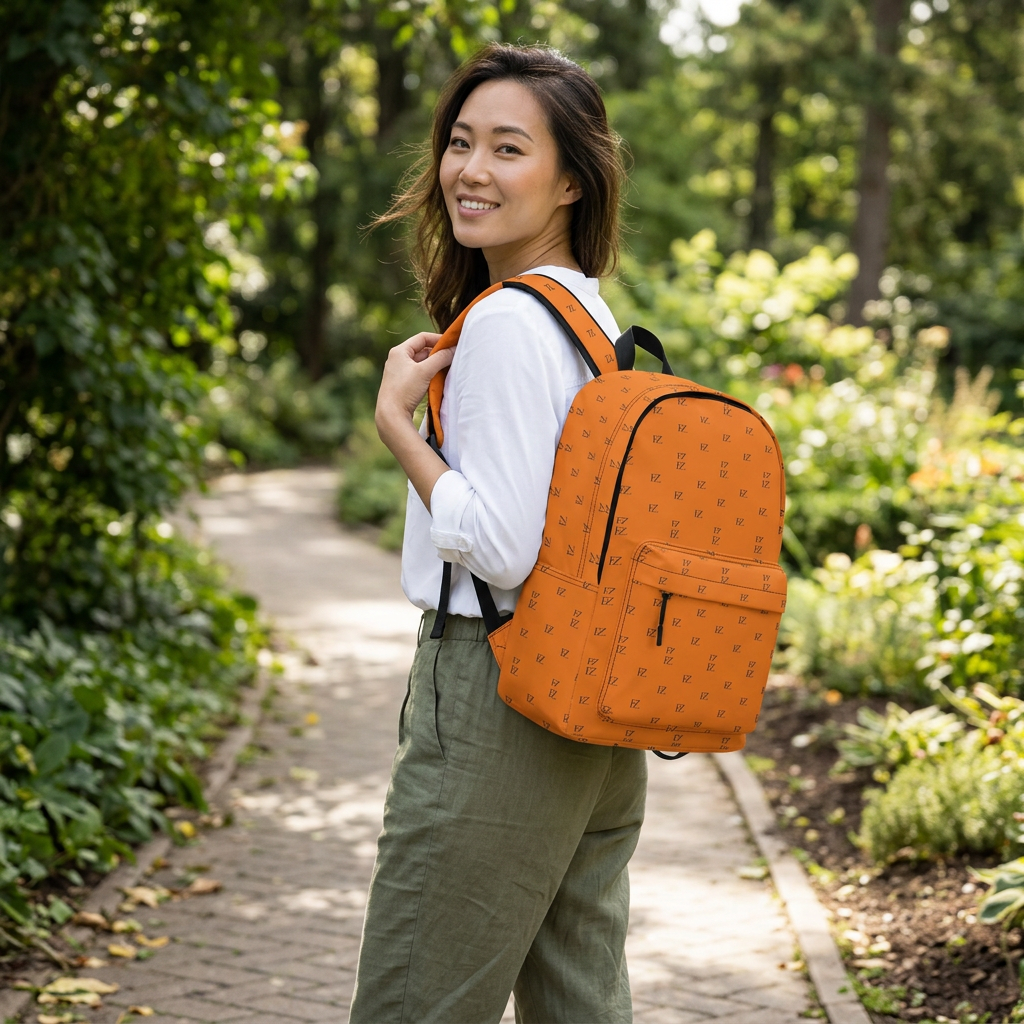 Female model carrying the orange backpack in a park setting