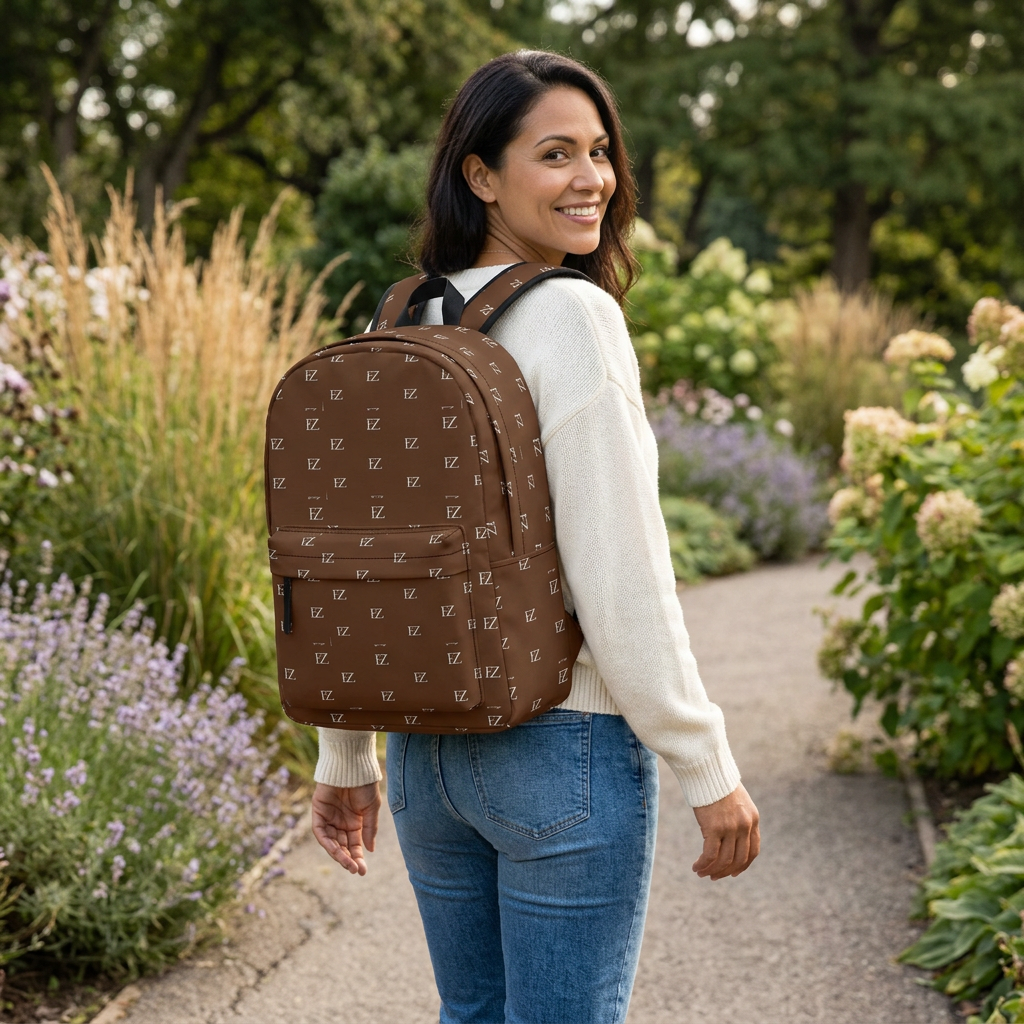 Female model wearing the brown backpack in a botanical garden