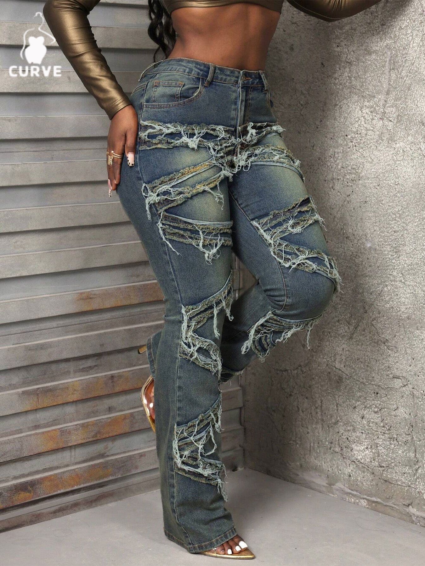 FZ Women's Plus Size High - Waisted Distressed Flared Denim Pants