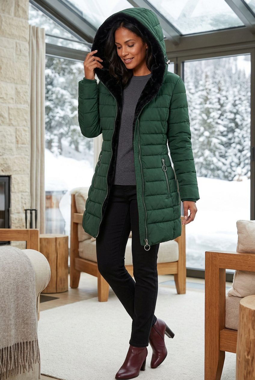 Forest-green coat styled in an alpine hotel conservatory