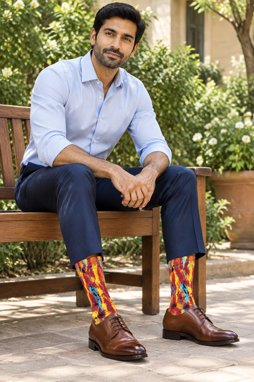 Garden courtyard look with brown Derby shoes