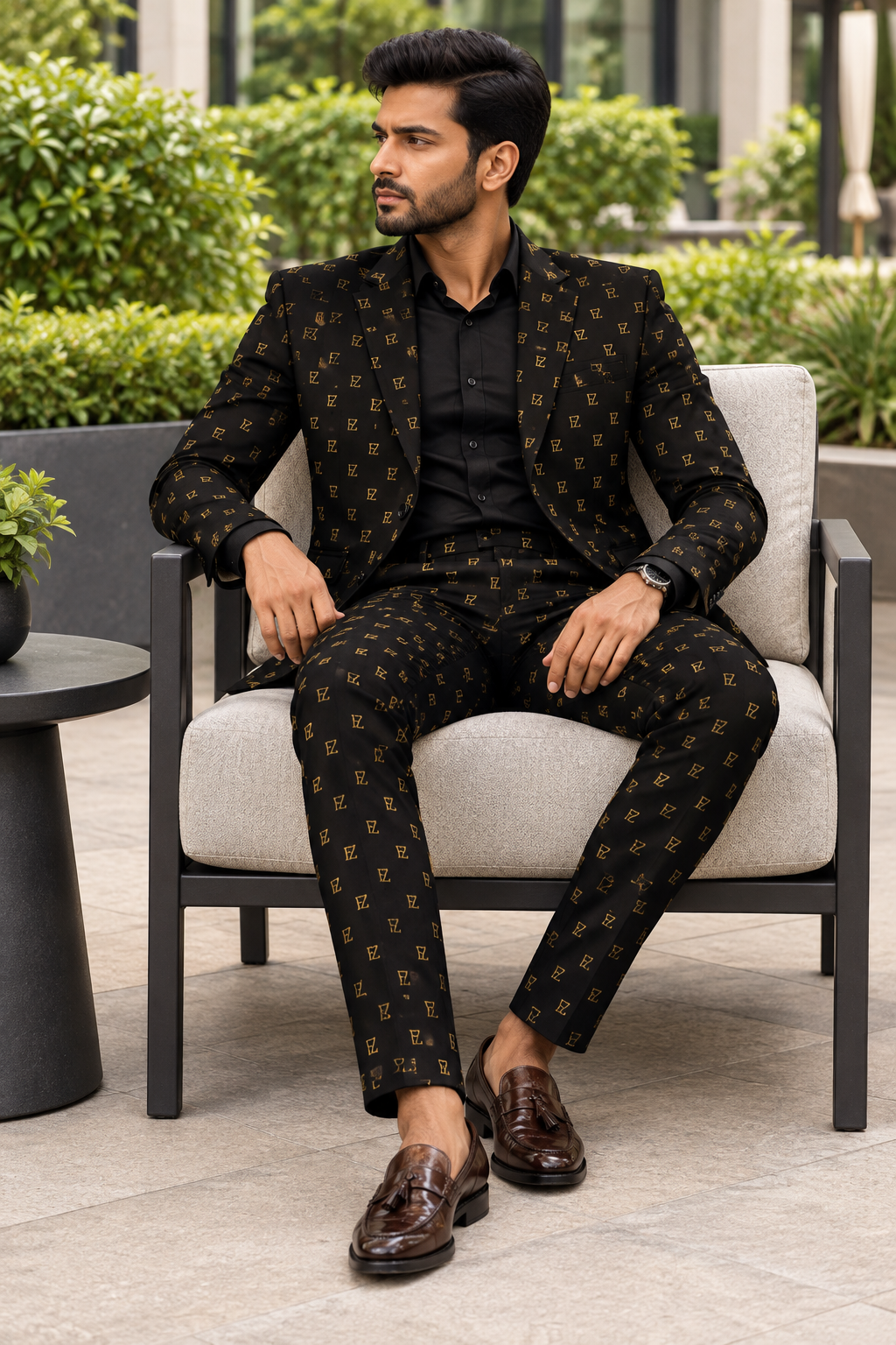 Garden terrace Black & Gold suit look