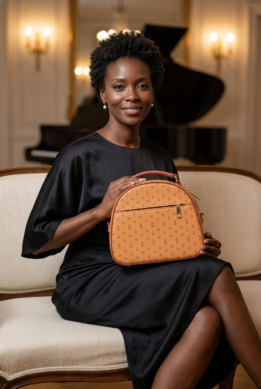 Golden-tan mini handbag at a concert reception