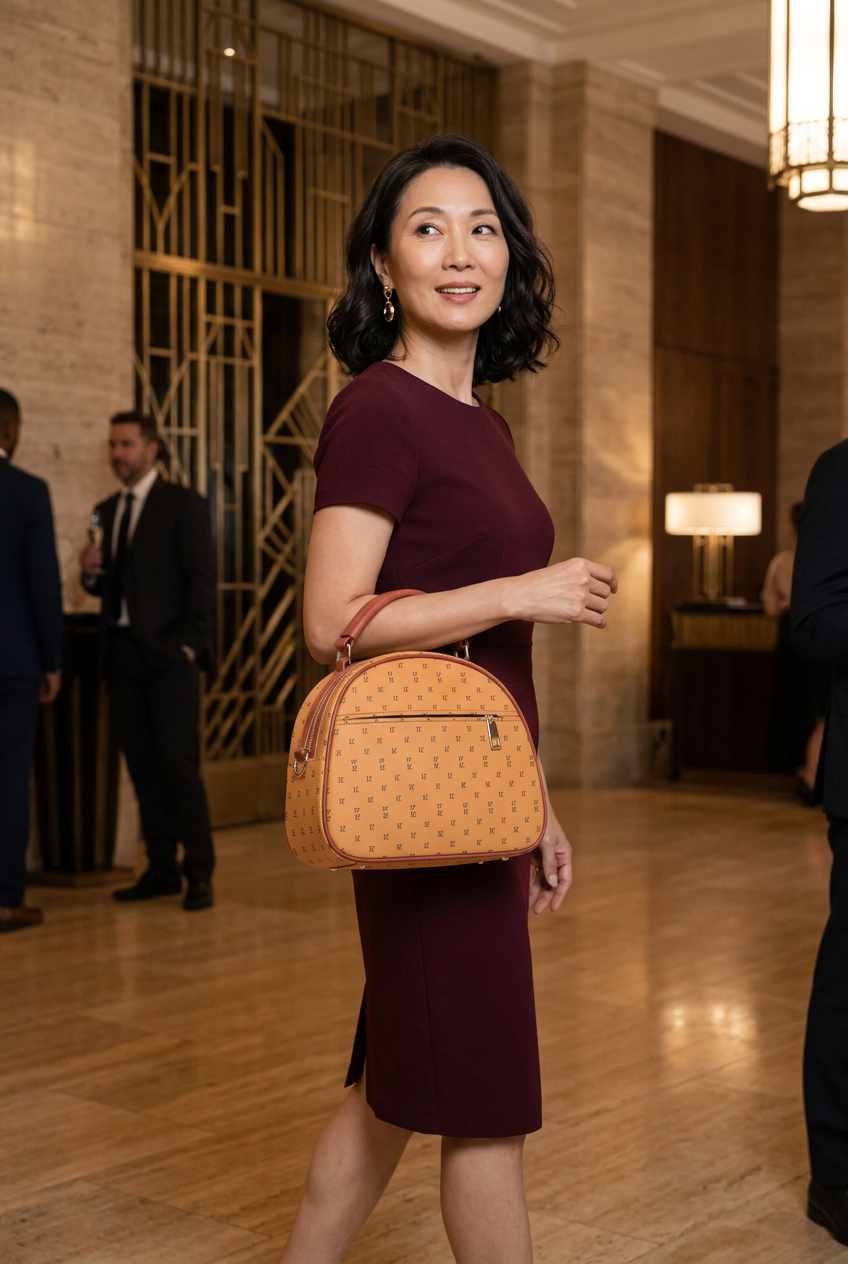 Golden-tan mini handbag at an art-deco celebration