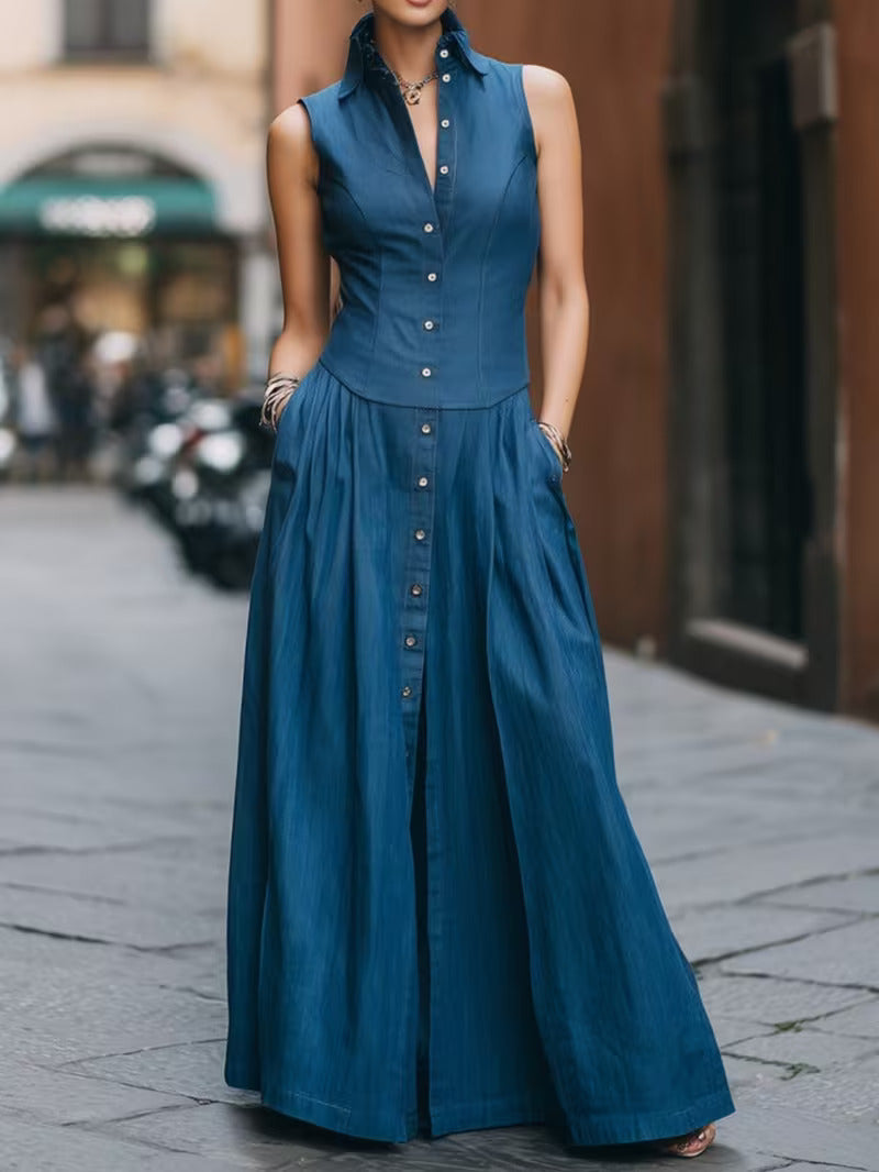 FZ Women's Sleeveless Collared Single-Breasted Waist-Defining Maxi Denim Print Dress