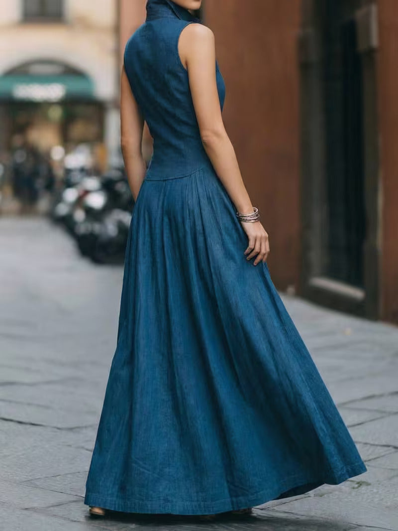 FZ Women's Sleeveless Collared Single-Breasted Waist-Defining Maxi Denim Print Dress