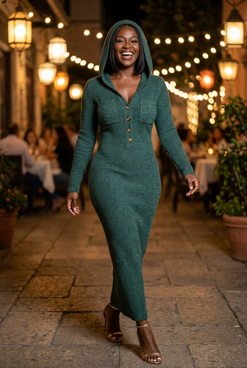 Green dress, dining courtyard front view