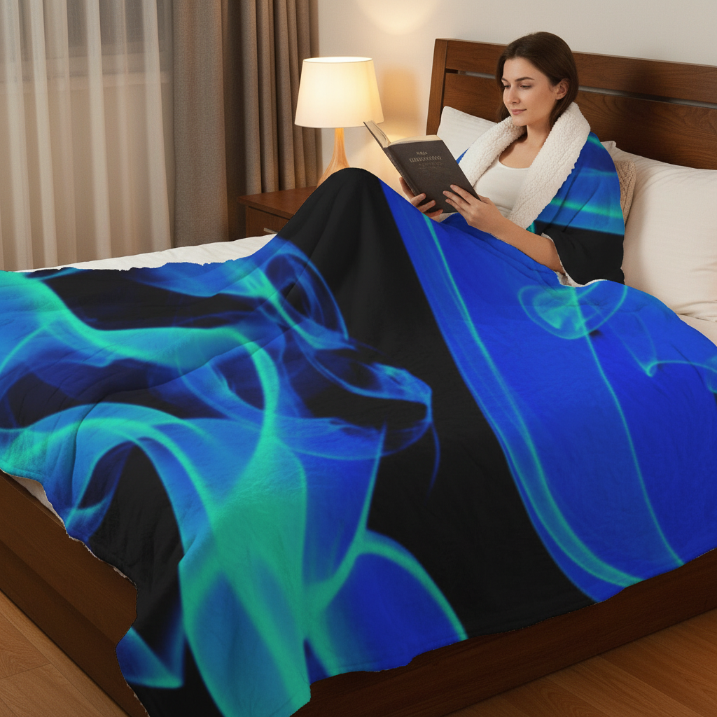Hispanic female model blue flame blanket indoor bedroom