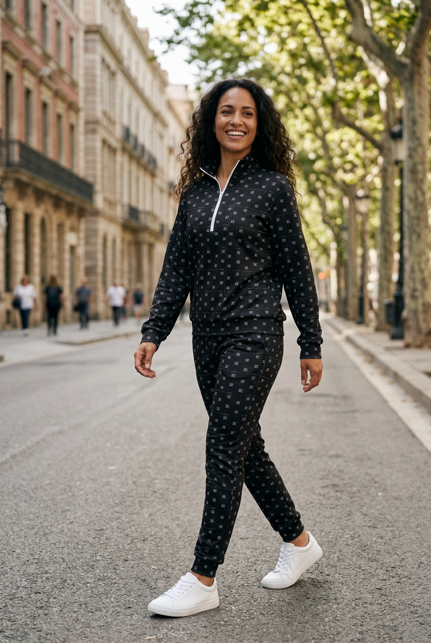 Hispanic female model walking along a city avenue in white sneakers