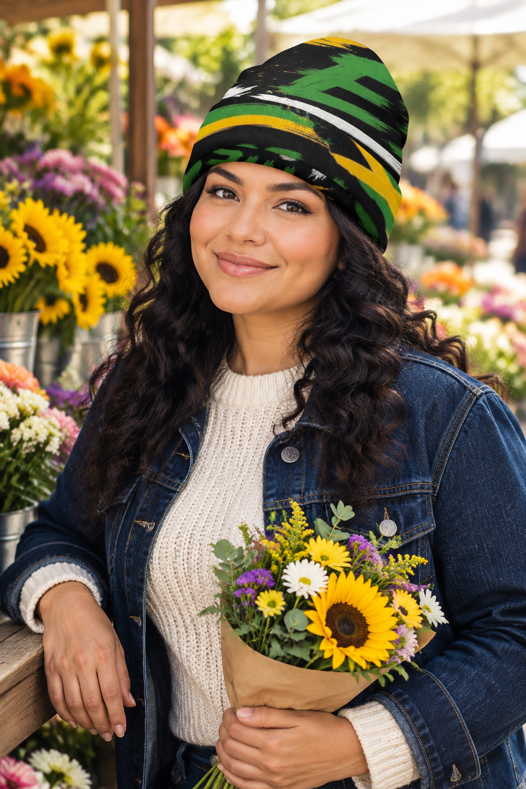 Hispanic female model wearing the beanie at a flower market