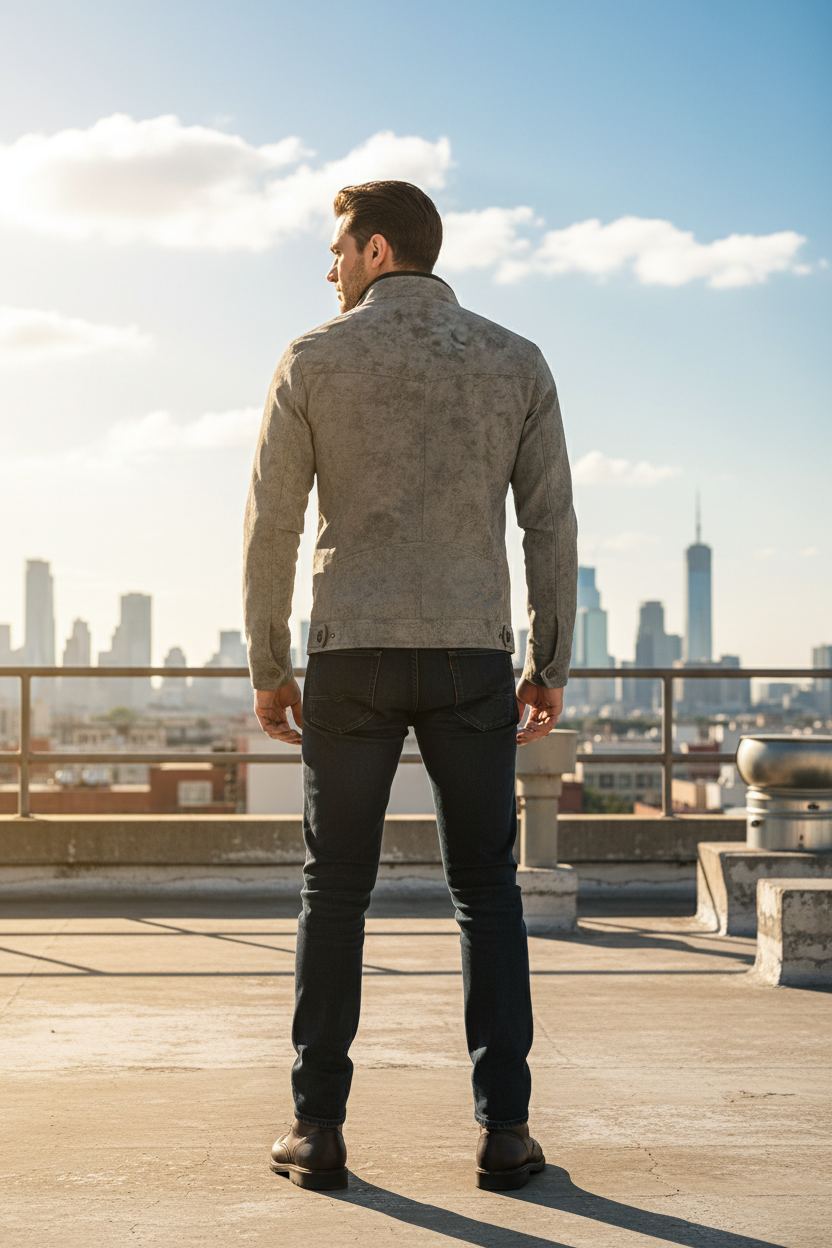 Hispanic male model, back view of charcoal-gray moto jacket