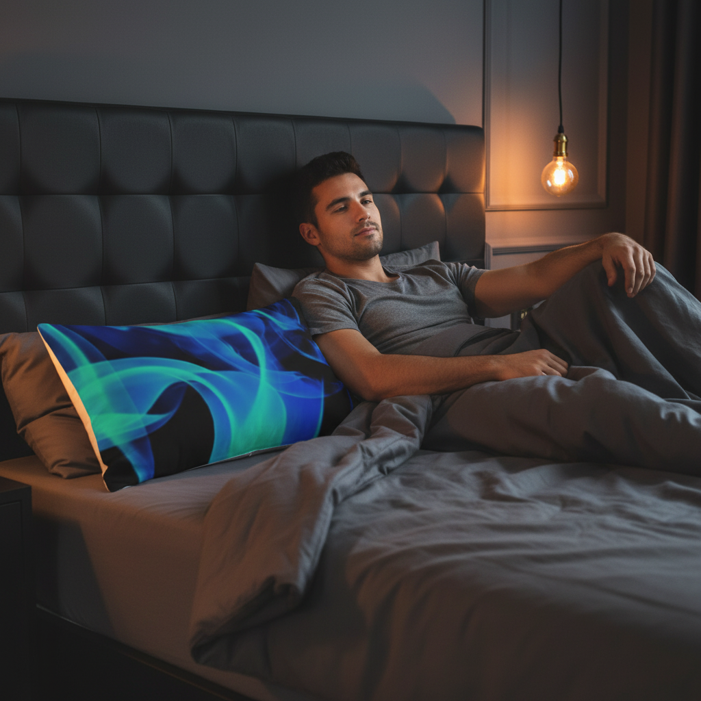 Hispanic male model blue flame smoke pillow