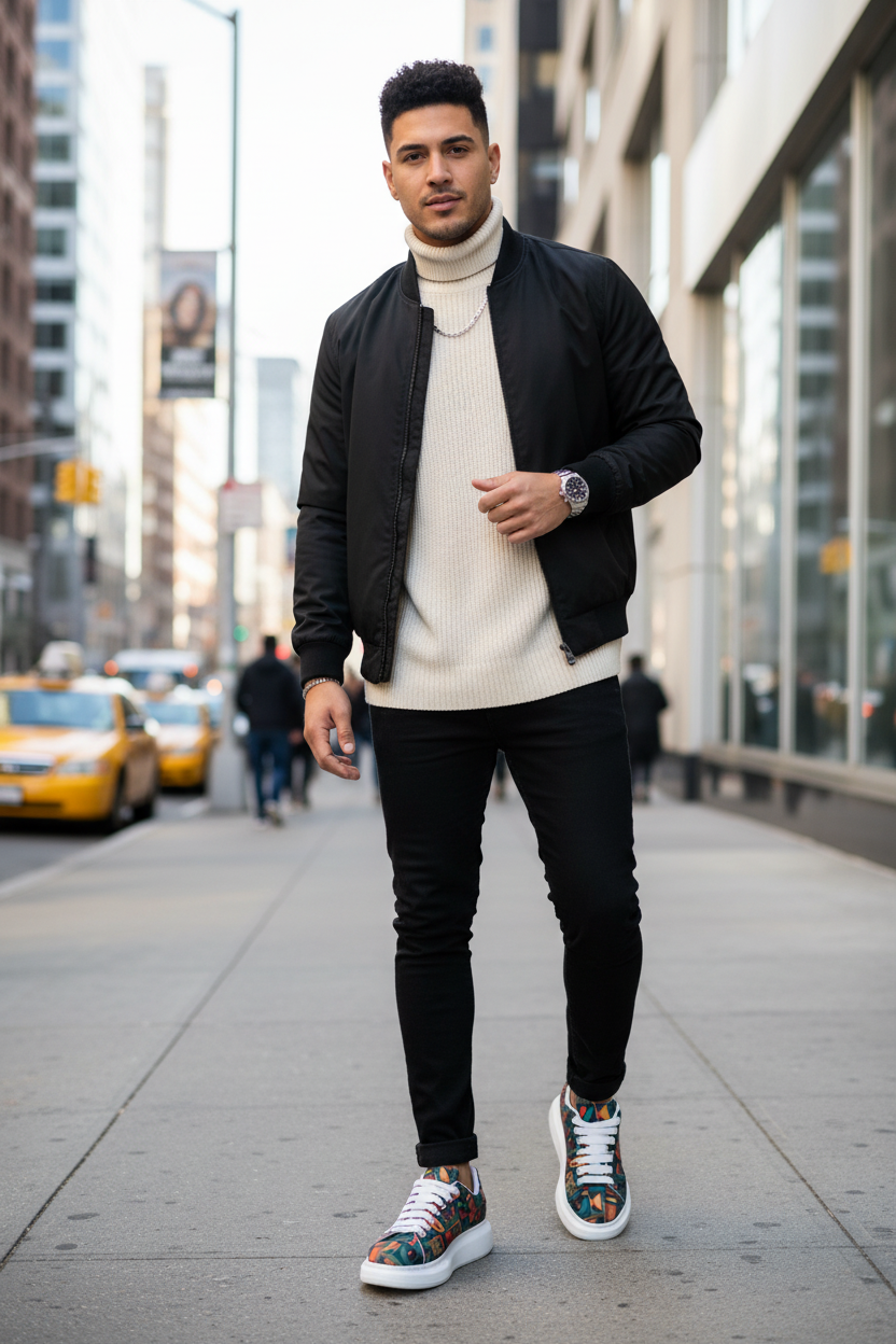 Hispanic male model geometric sneakers