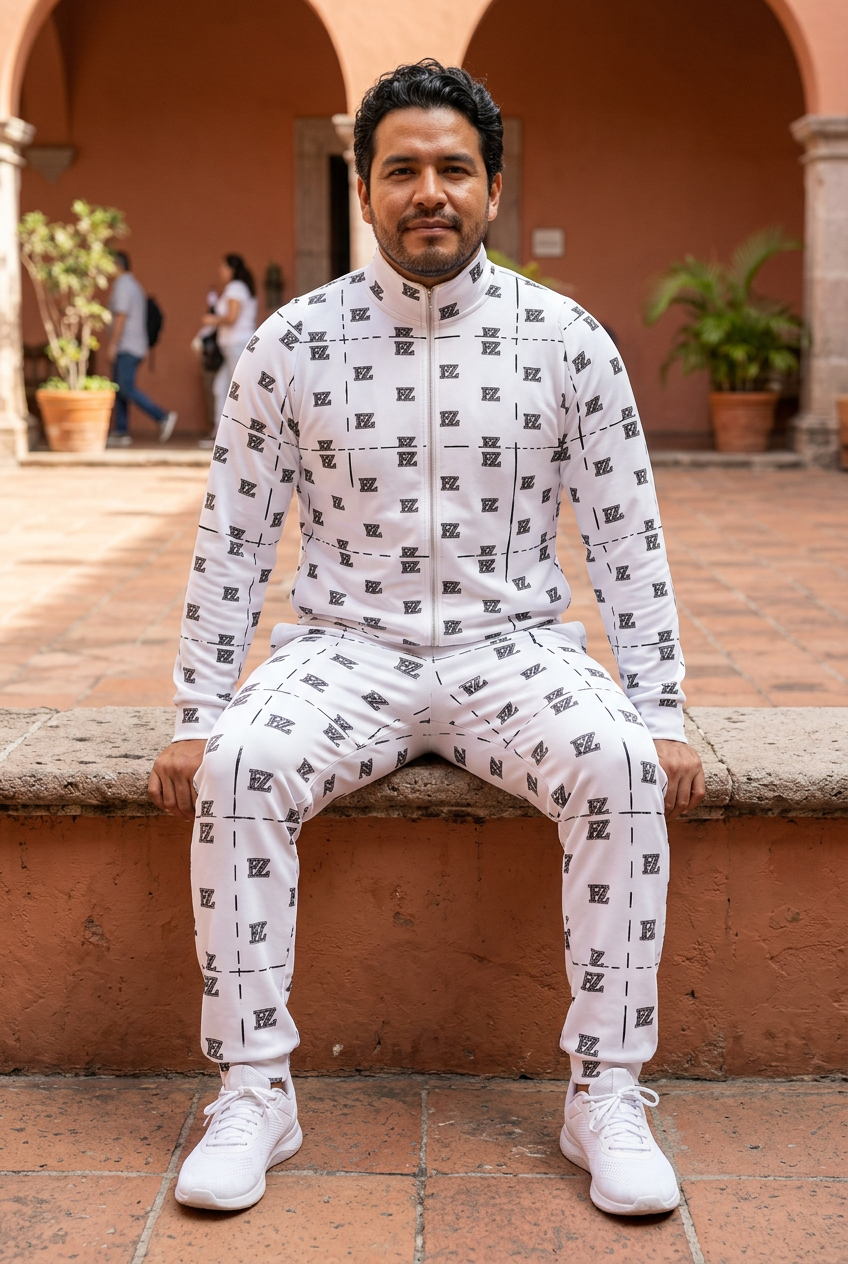 Hispanic male model seated in the matching suit