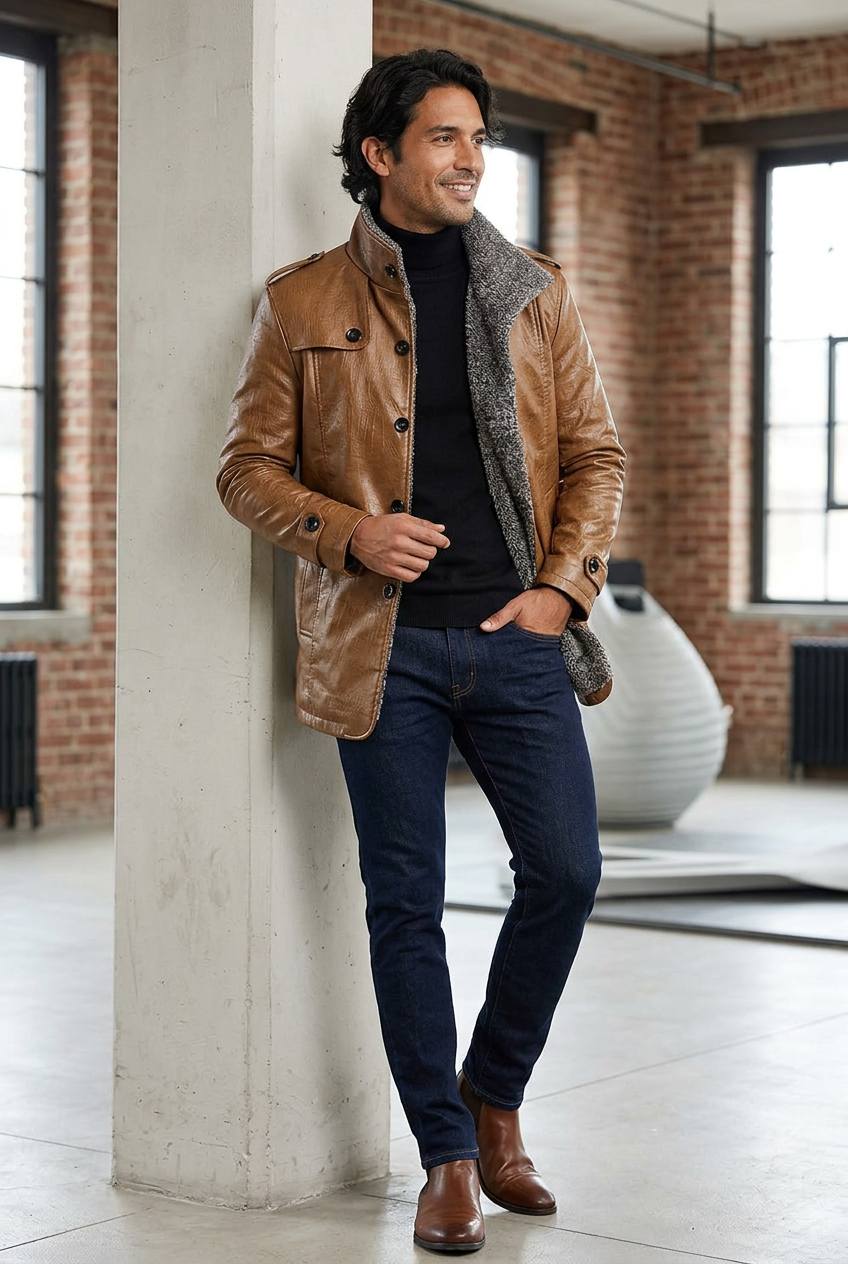 Hispanic male model wearing the brown PU leather jacket in a design studio