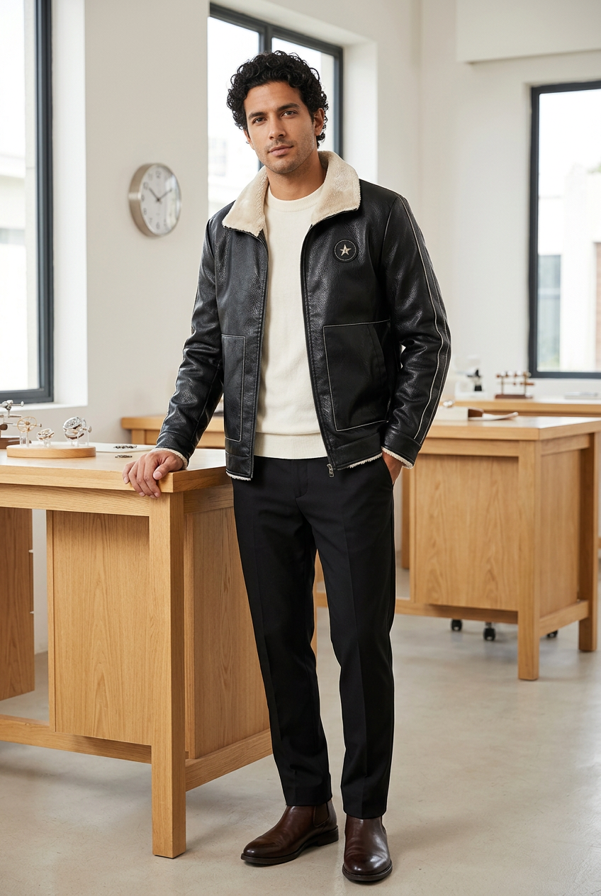 Hispanic male model wearing the cream-collar black jacket in a watchmaker atelier