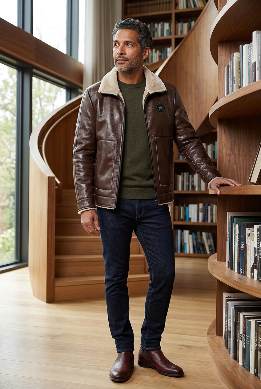 Hispanic male model wearing the dark-brown cream-lined jacket in an architectural library