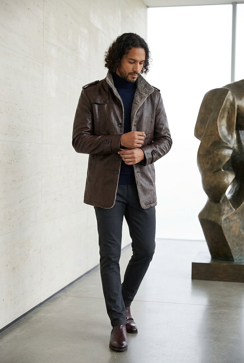 Hispanic male model wearing the dark-brown jacket in an architecture gallery