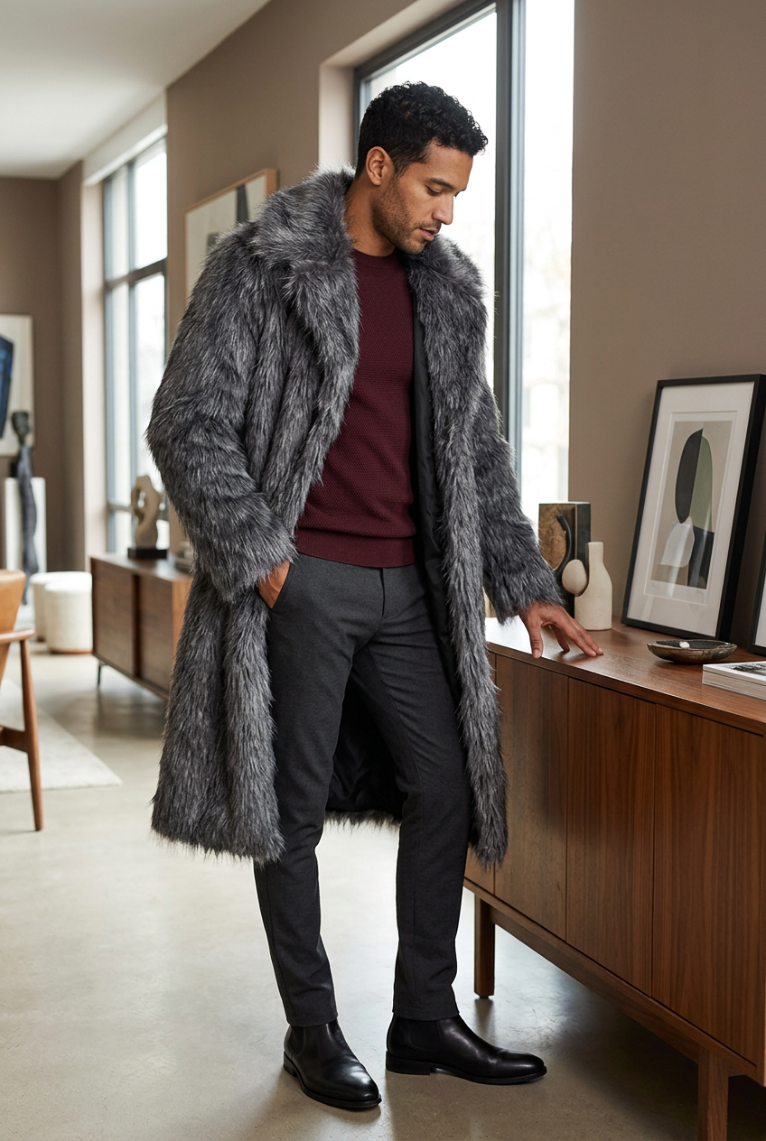 Hispanic male model wearing the dark-gray coat in a private art salon