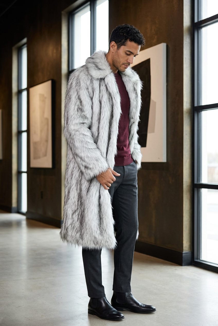 Hispanic male model wearing the white-and-gray streaked coat in a photography gallery