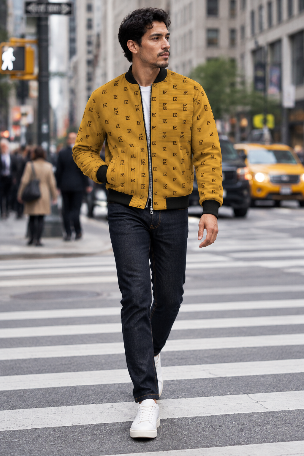 Hispanic man in the mustard FZ bomber crossing a downtown street