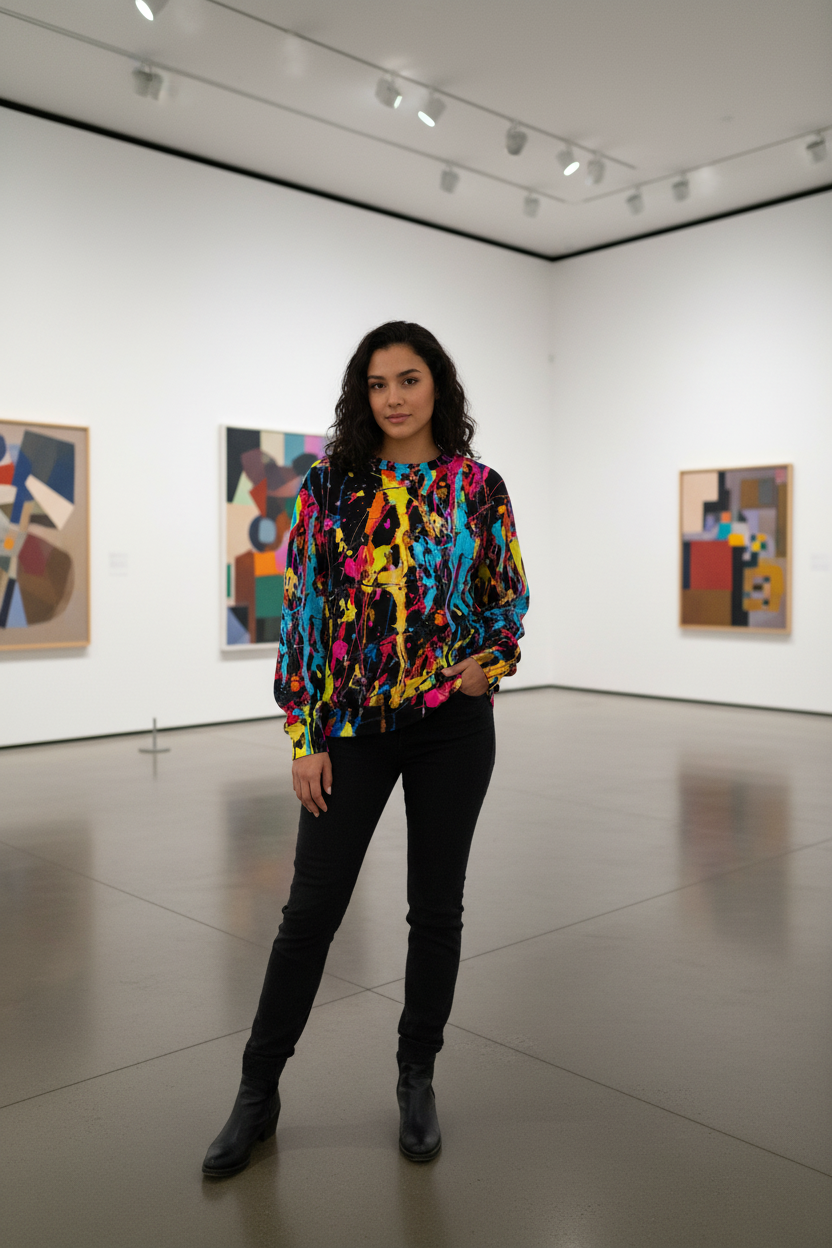 Hispanic woman in black paint splatter sweatshirt, art museum setting