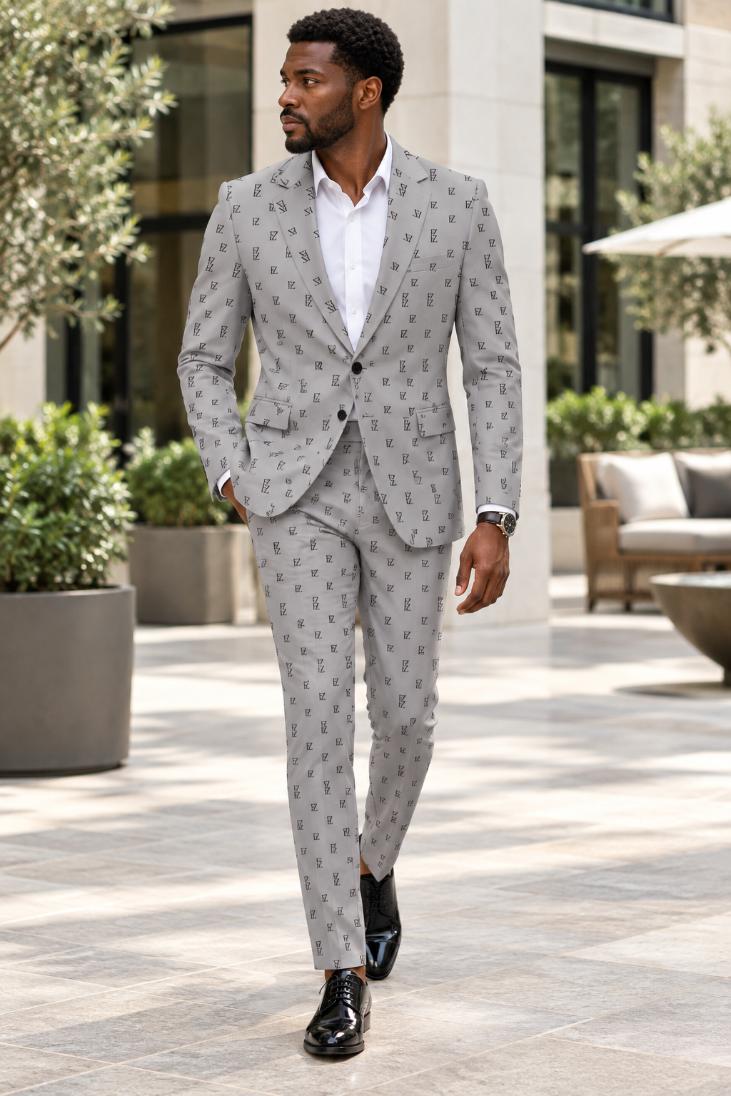 Hotel courtyard matching-suit look