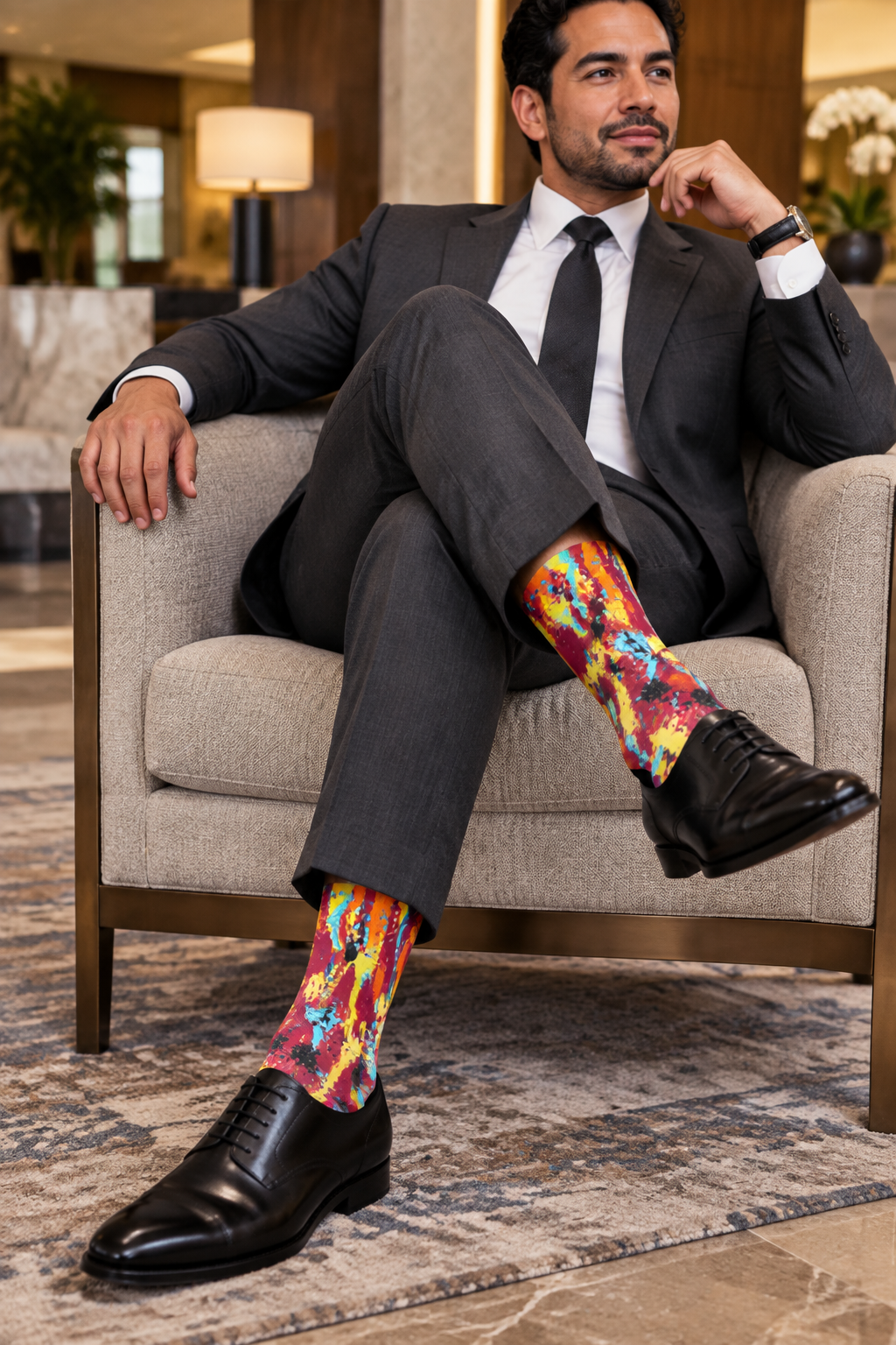 Hotel lobby look with black Oxfords