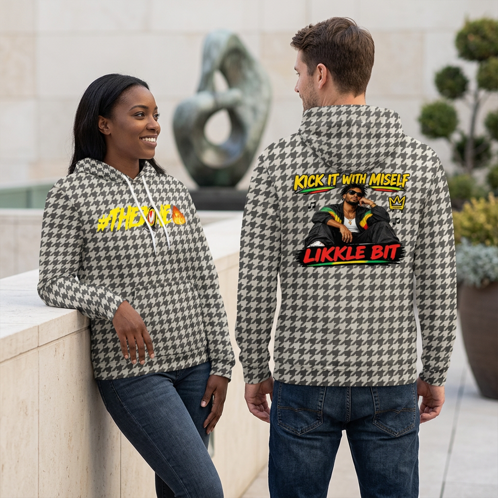 Houndstooth hoodie lifestyle image with woman showing the front and man showing the back on a gallery terrace