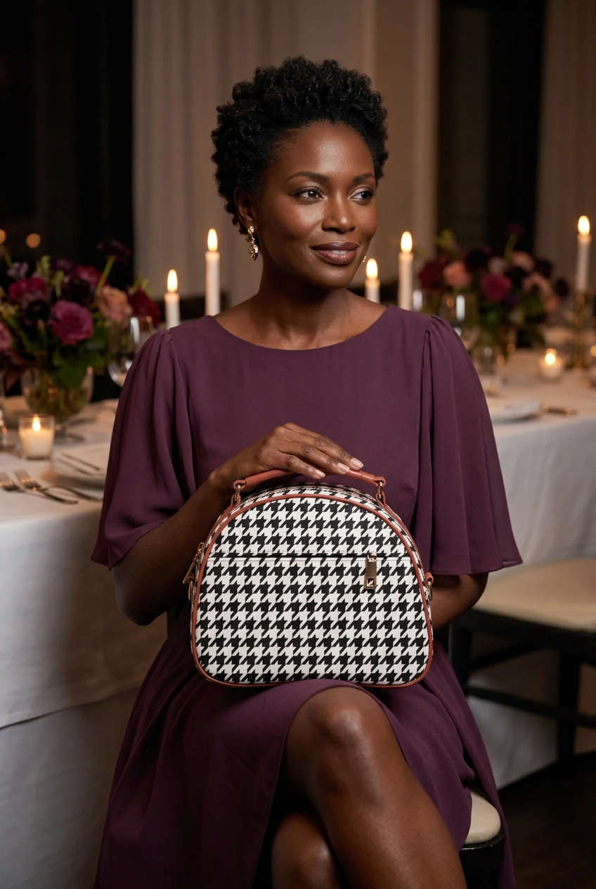 Houndstooth mini handbag at an evening celebration