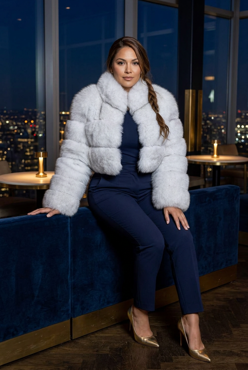 Icy-white cropped fur coat in a rooftop cocktail bar