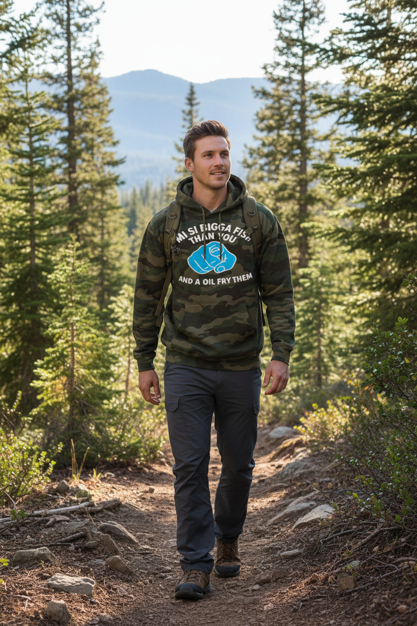Green forest camo hoodie - White male model, mountain trail