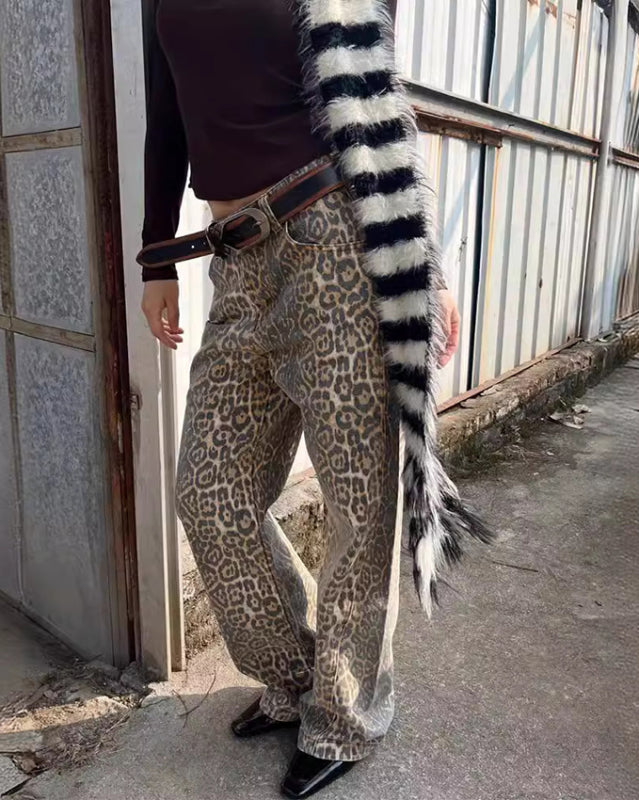 FZ Women's retro leopard print street straight wide leg loose denim pants - FZwear