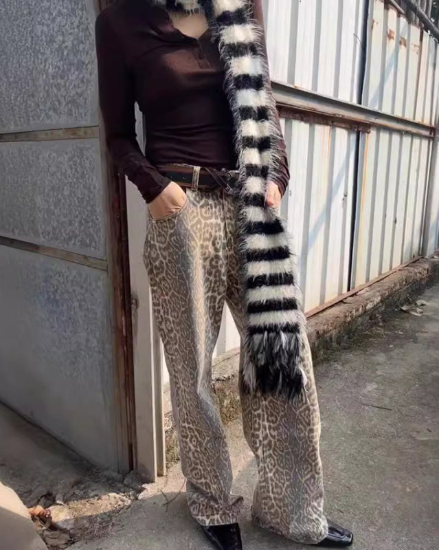 FZ Women's retro leopard print street straight wide leg loose denim pants - FZwear