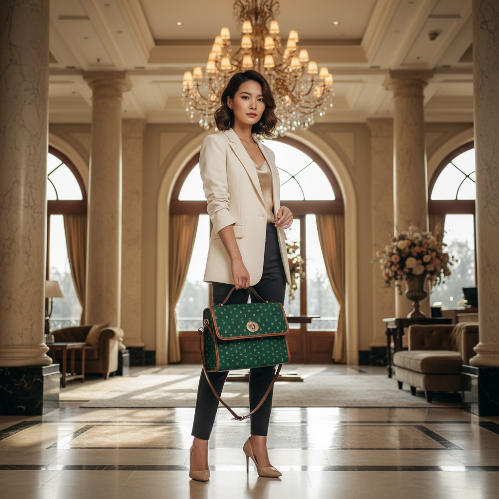 Asian woman carrying forest green FZ monogram satchel in hotel lobby