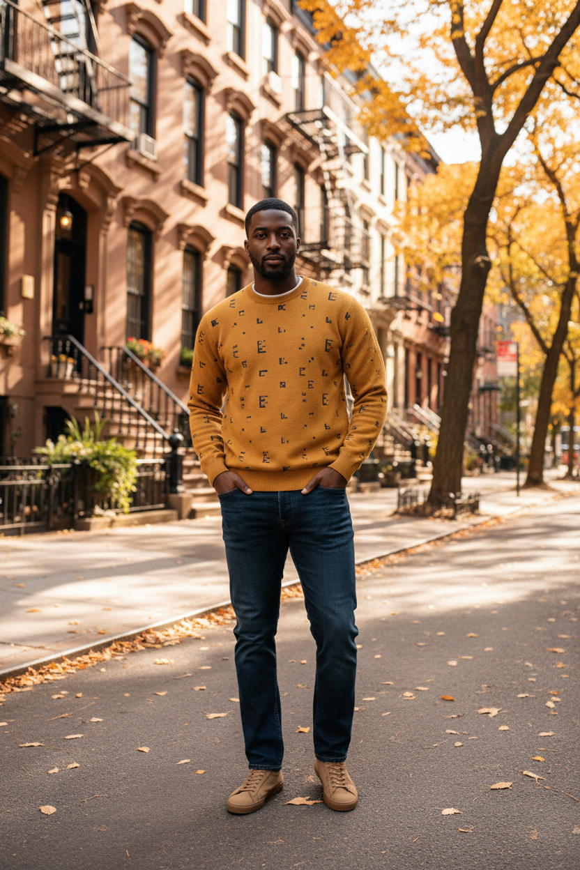 Black male model wearing mustard FZ sweater, Brooklyn street with brownstones