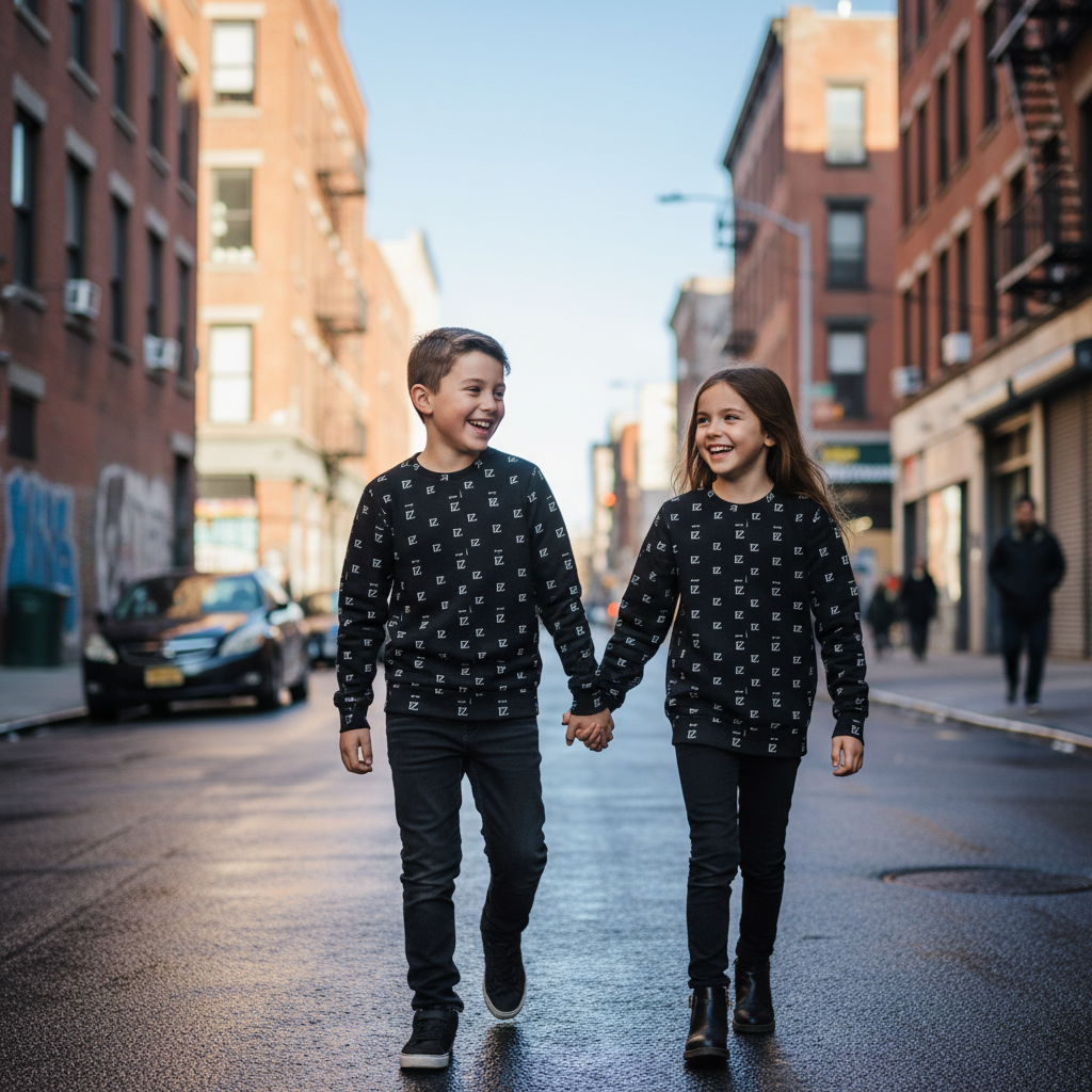 Two kids wearing black FZ monogram sweatshirts on city street