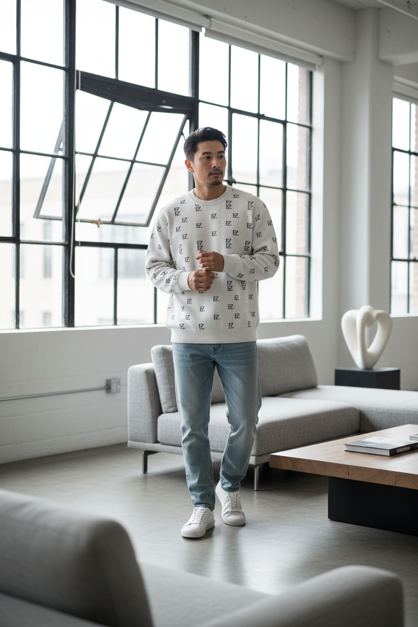 Asian male model wearing FZ monogram white sweater pullover, modern loft interior